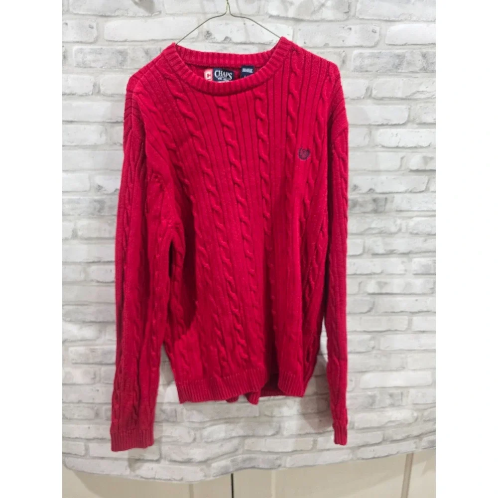 Chaps Ralph Lauren Men Holiday Dark Red Cotton Cable Knit Crew Neck Sweater Sz L